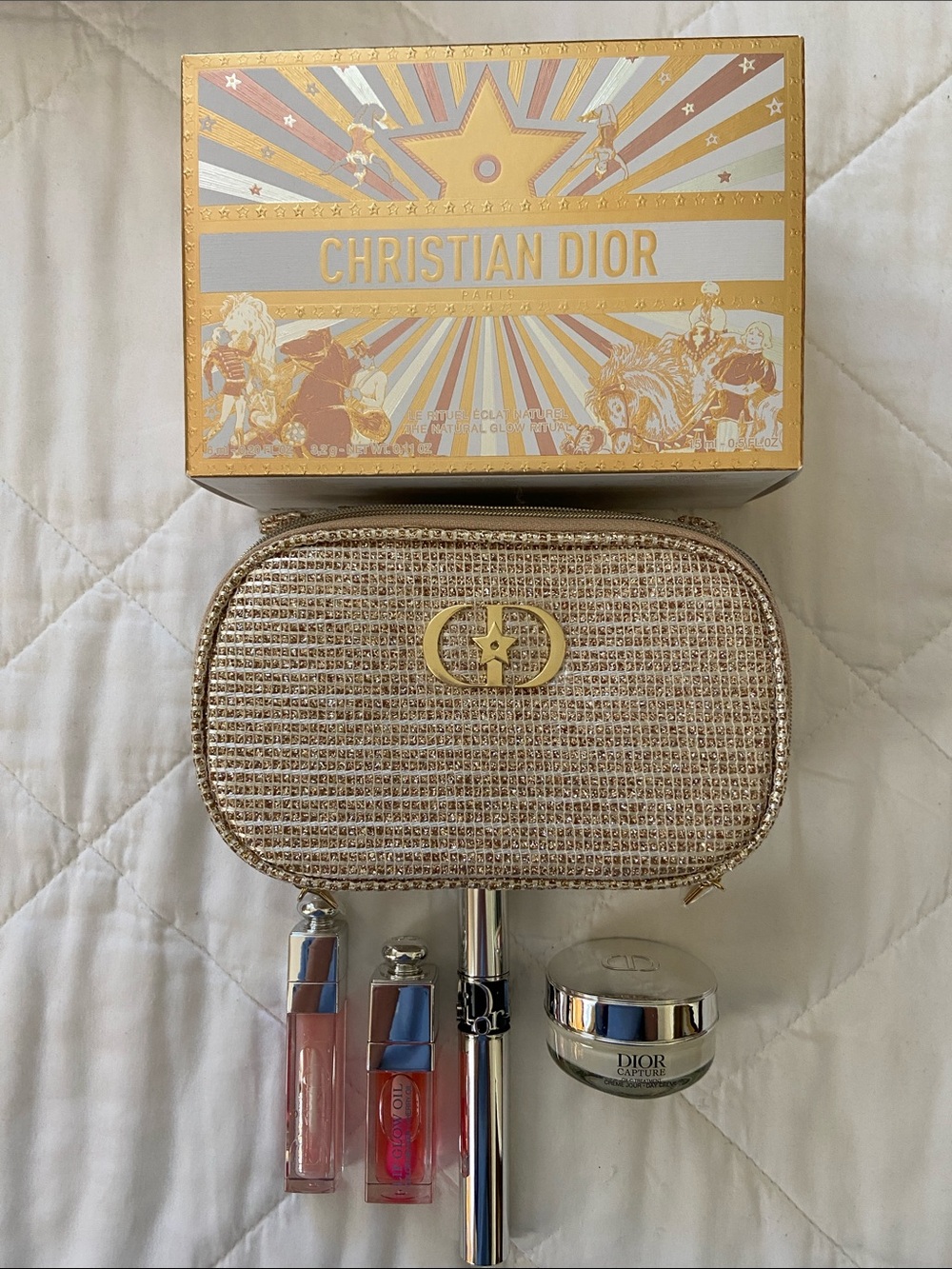 Dior Gold Cosmetic Pouch with Lip essentials, Mascara and Cream